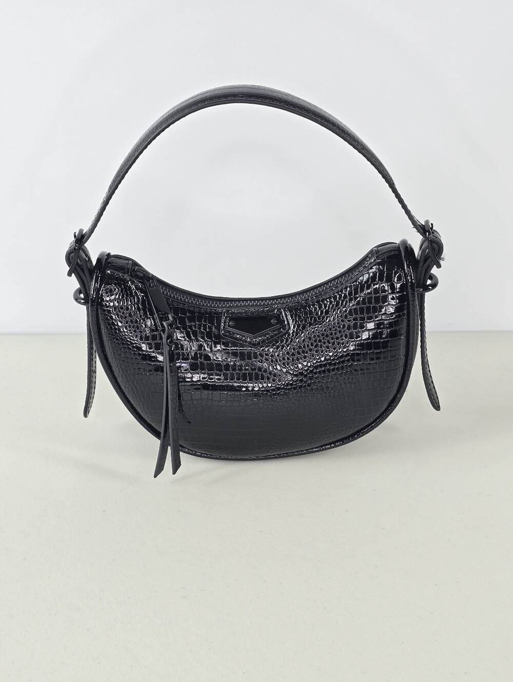 ALDO Black Patent Croc Embossed Crescent Mini Bag Top Handle Baguette Purse - Picture 3 of 12